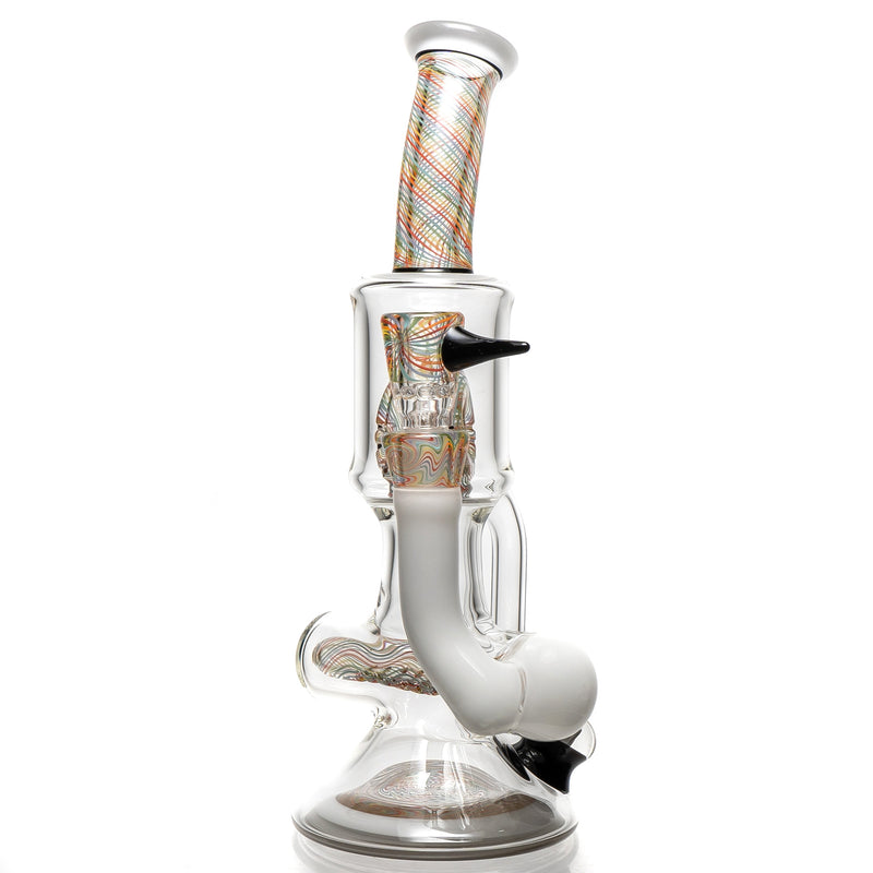 Ben Wilson - Hollow Foot Inline Recycler w/ Triple Donut Perc - White w/ Rainbow Linework - The Cave