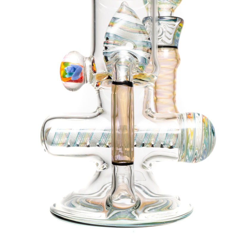 Ben Wilson - Hollow Foot Inline Recycler w/ Triple Donut Perc - Fume w/ White & Rainbow Linework - The Cave