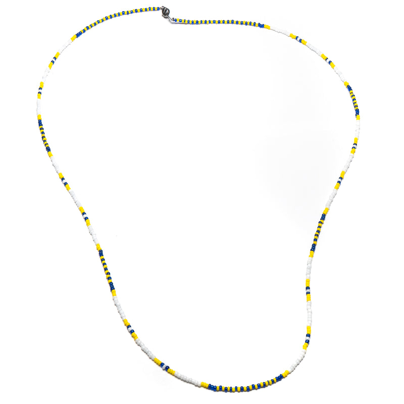Handmade Beaded Necklace - Blue, Gold & White - The Cave