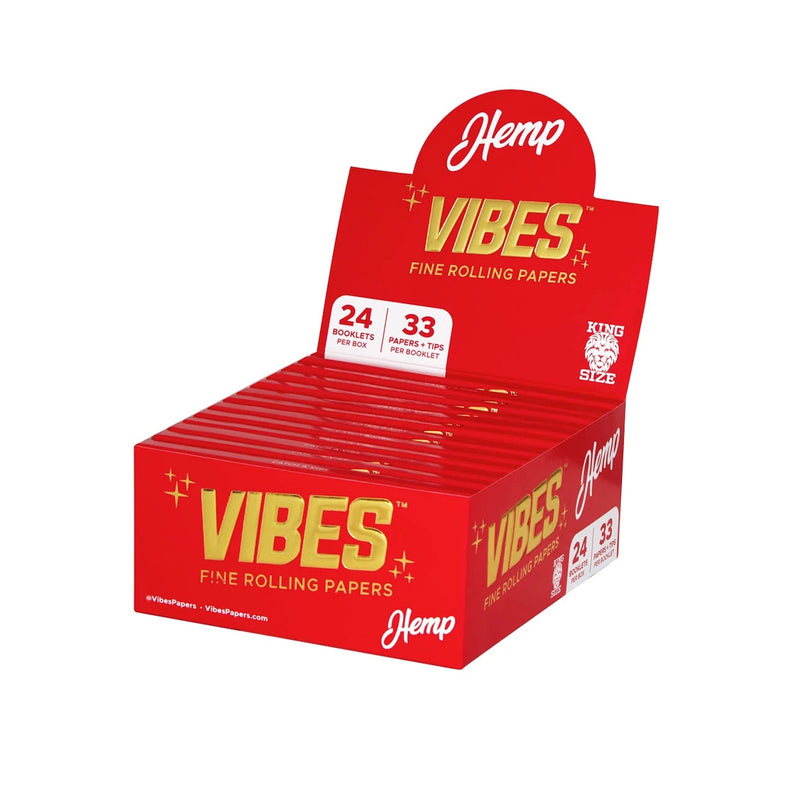 Vibes - King Size Slim Hemp - 33 Paper Booklet w/ Tips - 24 Pack Box - The Cave
