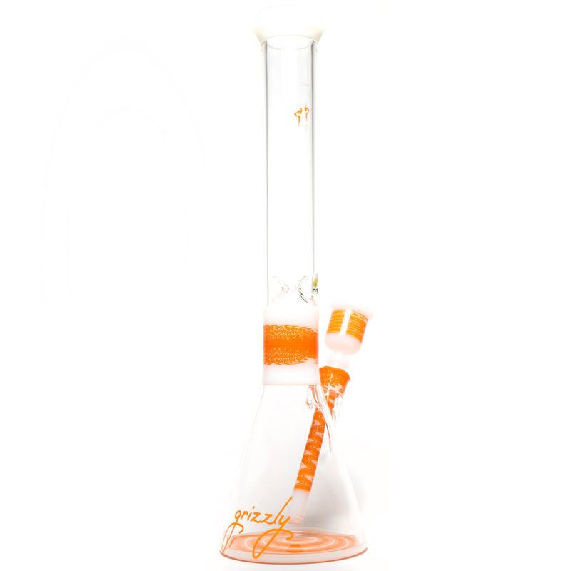 Grizzly Glass - 19" Custom Worked Beaker w/ Faceted Joint & Slide - Orange & White Wag - The Cave