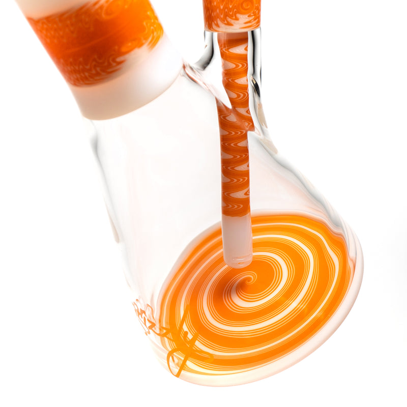 Grizzly Glass - 19" Custom Worked Beaker w/ Faceted Joint & Slide - Orange & White Wag - The Cave