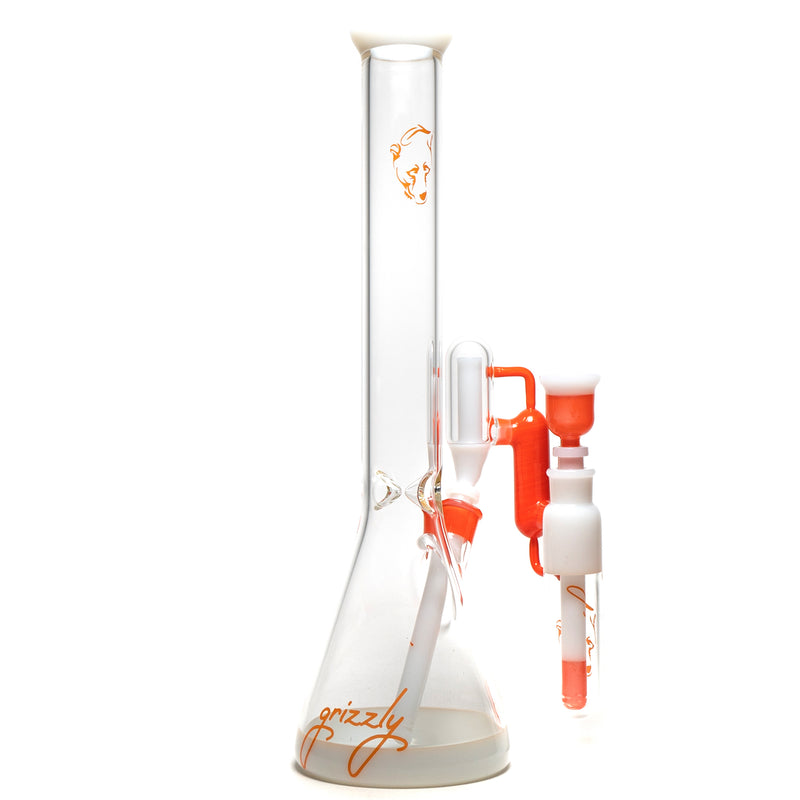 Grizzly Glass - 18" Beaker Color w/ Ashcatch & Faceted Joint - 50mm - Orange & White Accents - The Cave