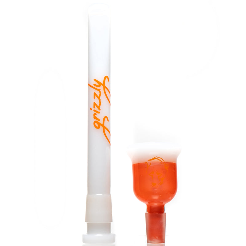 Grizzly Glass - 18" Beaker Color w/ Ashcatch & Faceted Joint - 50mm - Orange & White Accents - The Cave
