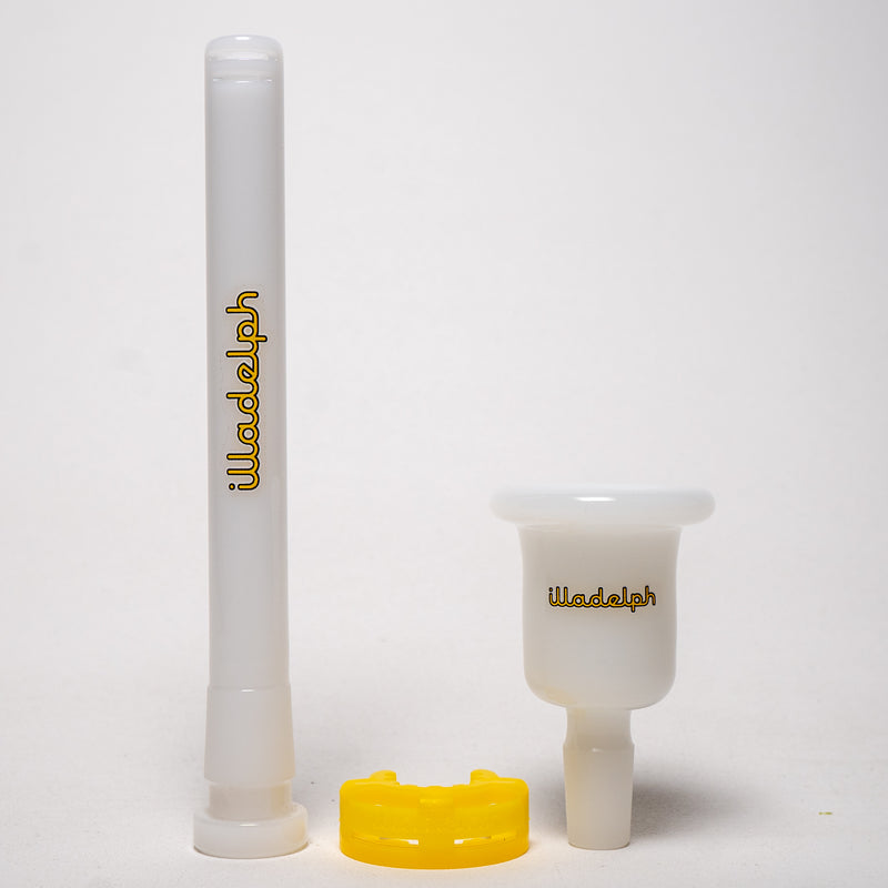 Illadelph - Tall Beaker - Yellow & White Label - White Bead Accent 5mm - The Cave