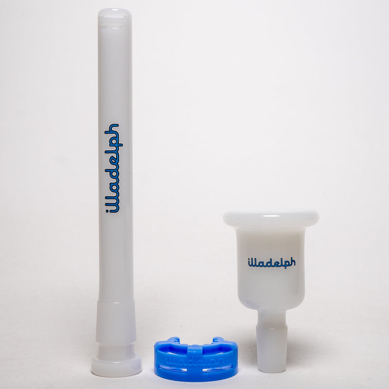 Illadelph - Tall Beaker - Blue & White Label - White Bead Accent 5mm - The Cave