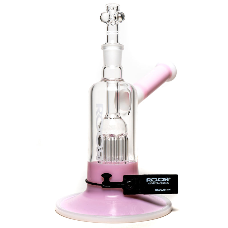 ROOR.US - Fixed Bubbler - 10 Arm Tree Perc - Pink & White - White Label - The Cave