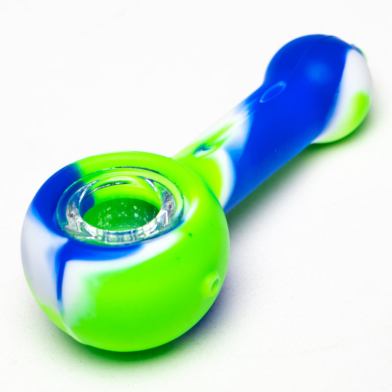 Shooters - 4" Silicone & Glass Hand Pipe - Green, Blue & White - The Cave