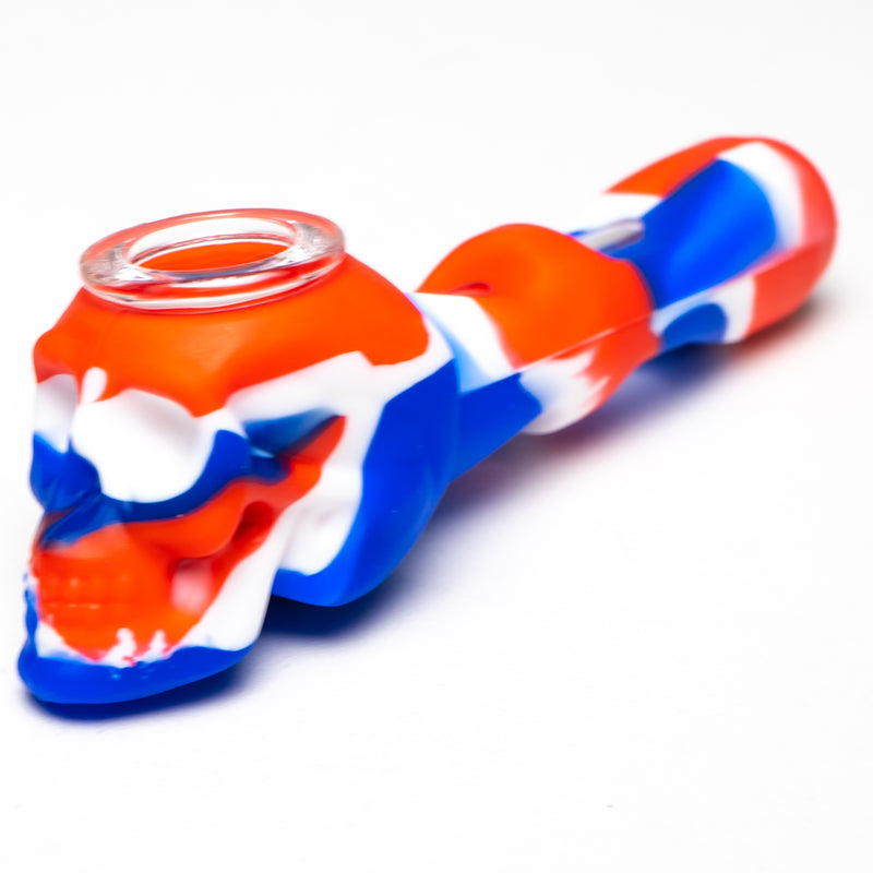 Shooters - 5" Silicone & Glass Hand Pipe - Skull - Red, White & Blue - The Cave
