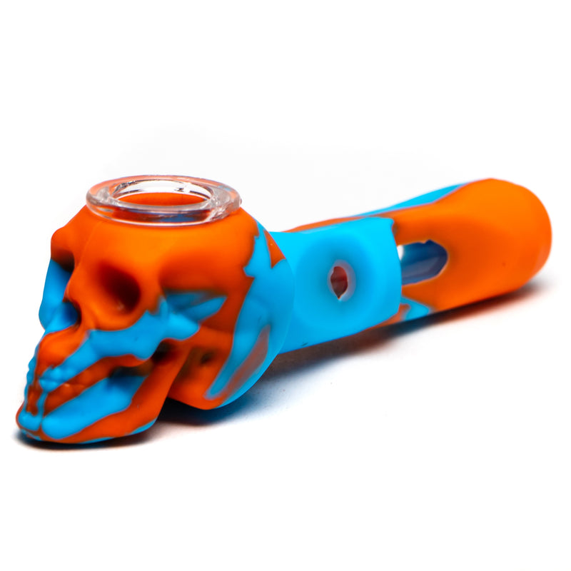 Shooters - 5" Silicone & Glass Hand Pipe - Skull - Orange & Blue - The Cave