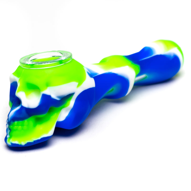 Shooters - 5" Silicone & Glass Hand Pipe - Skull - Green, Blue & White - The Cave