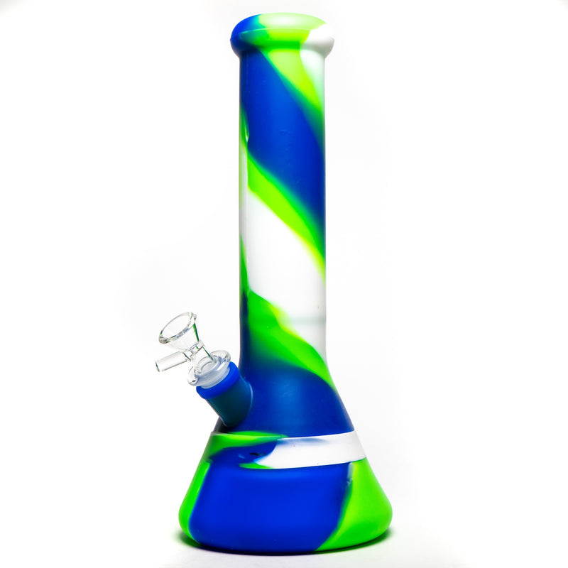 Shooters -12" Silicone Beaker - 3 Piece w/ Glass Stem - Green, Blue & White - The Cave