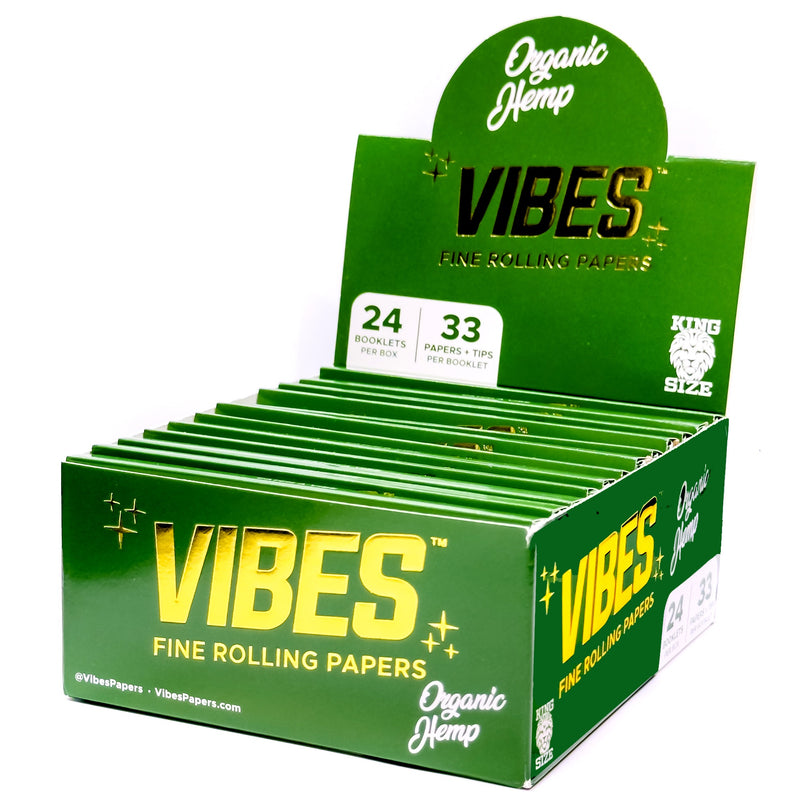 Vibes - King Size Slim Organic Hemp - 33 Paper Booklet w/ Tips - 24 Pack Box - The Cave