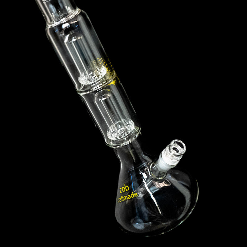 ZOB Glass - 19" Beaker Double UFO Perc - Striped Circle Label - Yellow & Black - The Cave